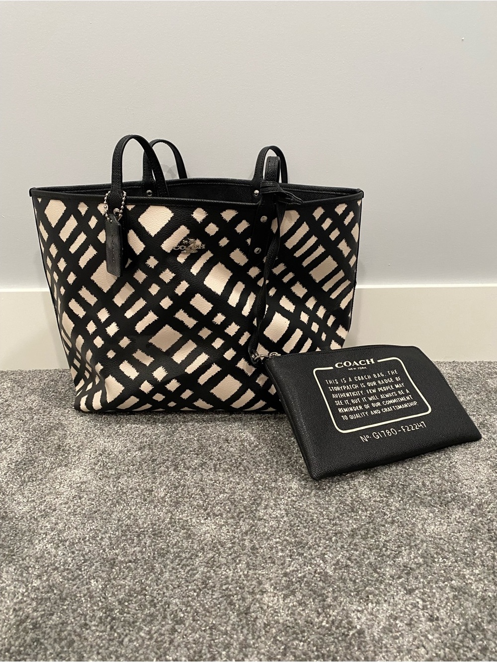 COACH Wild Plaid Bag Black White Leather City Tote Large Handbag With Wristlet